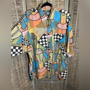 VTG 70s Bossman Multicolor Geometric 100% Cotton Button Down Shirt - size XL